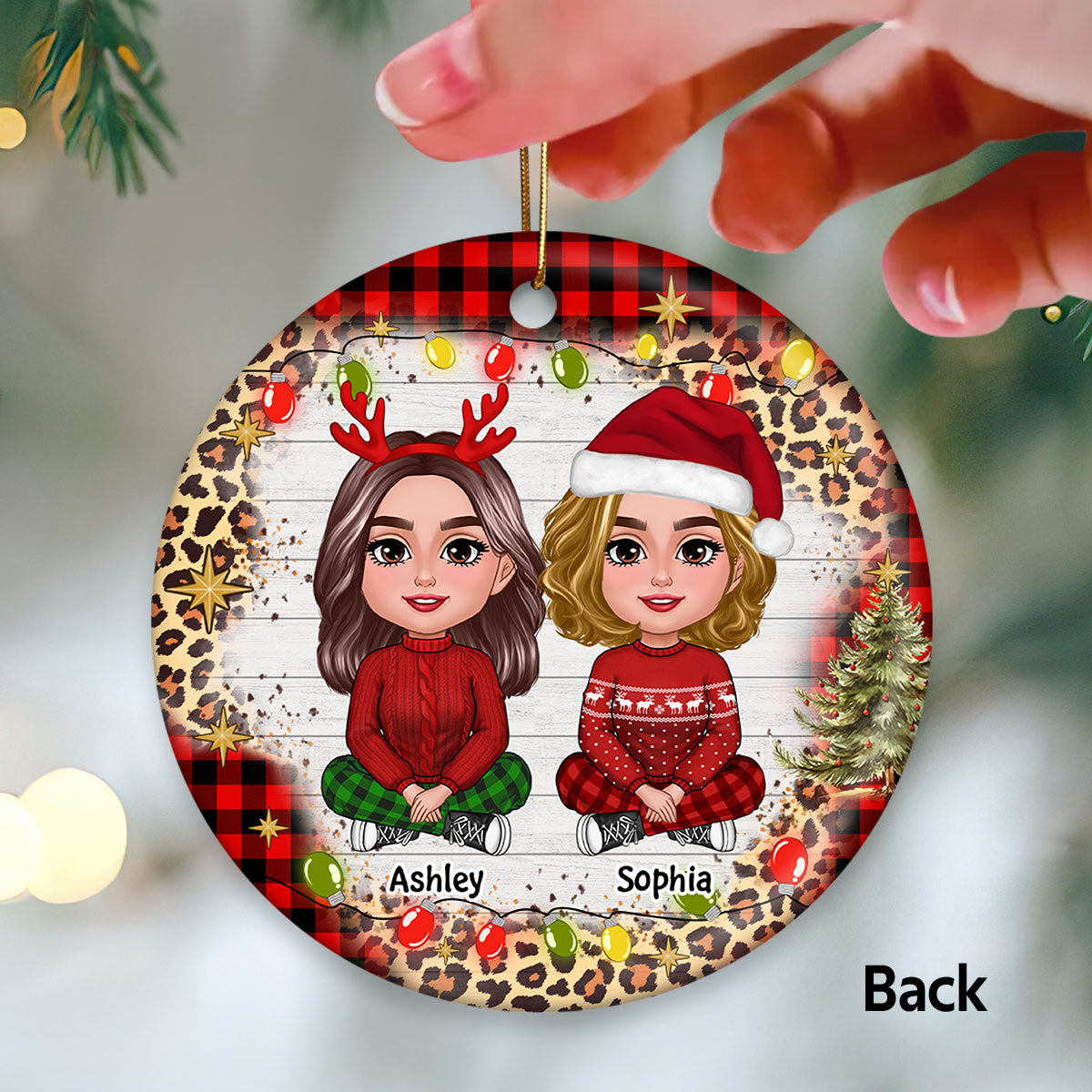 Checkered And Leopard Besties Sisters Sitting Personalized Double Sided Circle Ornament
