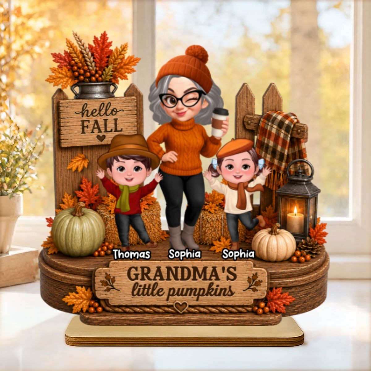 Hello Fall Grandma's Little Pumpkins - Personalized 2-Layered Wooden Plaque - Cozy Fall Decor for Grandma