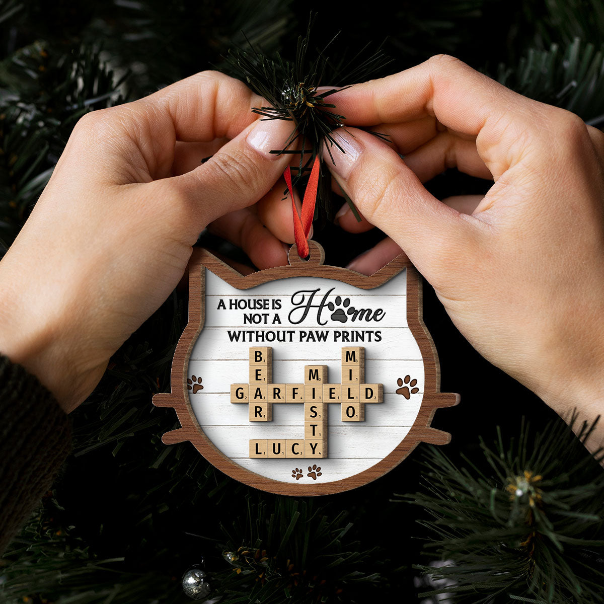 Cat Face Shape A House Is Not A Home Without Paw Prints Crossword Art Personalized 2-Layer Wooden Ornament