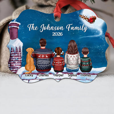 Family Couple Kid Dog Cat Back View On Roof Personalized Christmas Ornament