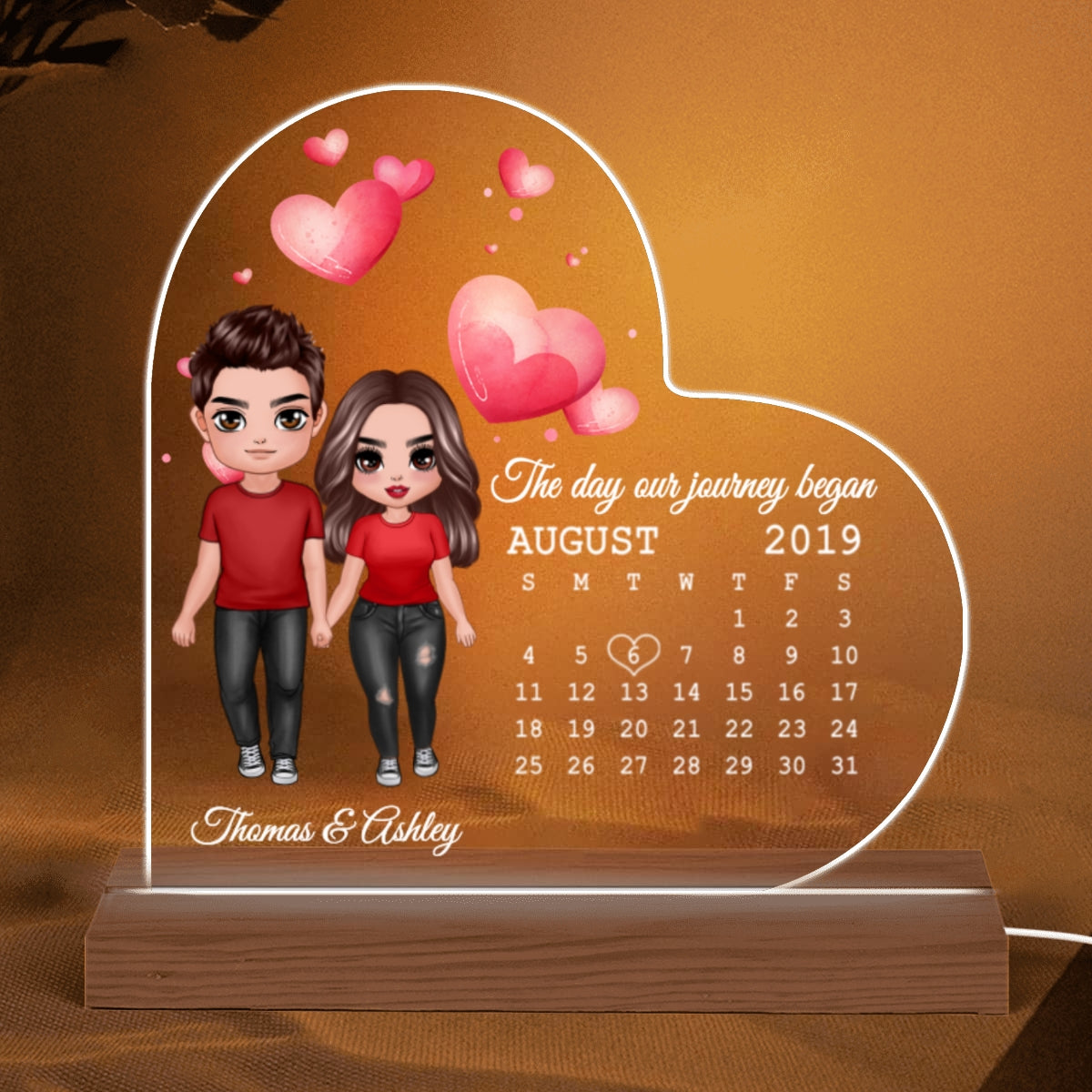 Doll Couple Standing Calendar Anniversary Date Personalized Heart Shaped Acrylic Plaque With LED Night Light - Anniversary Gift For Couple - Gift For Him, Gift For Her