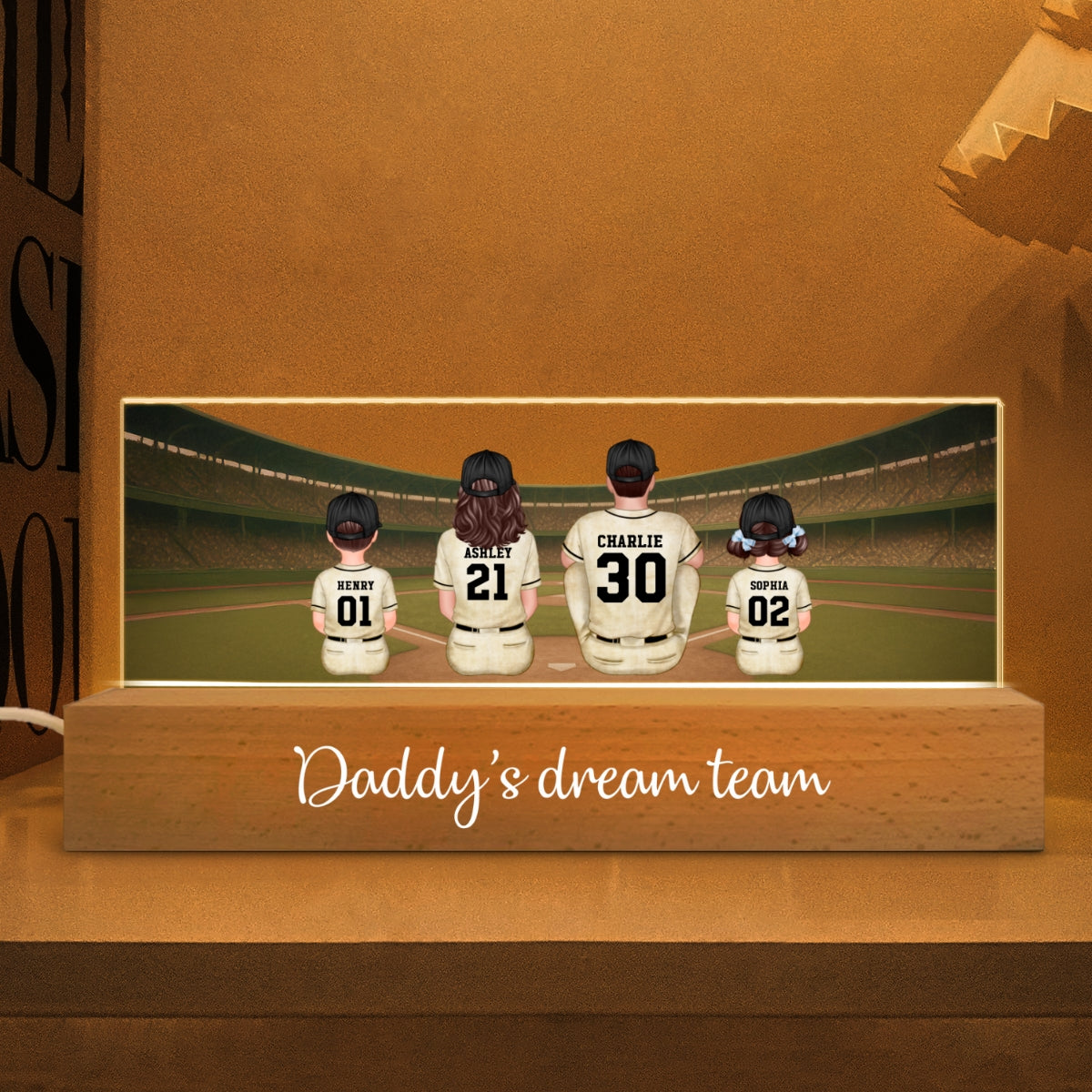 Retro Vintage Baseball Daddy's Dream Team Personalized Acrylic Block LED Night Light, Gift For Dad