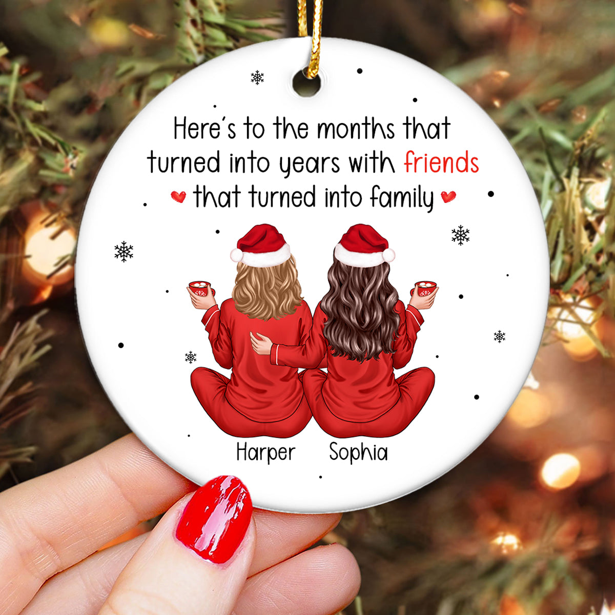 Back View Pajamas Besties Months Turned to Years, Friends Turned to Family Personalized Ceramic Ornament, Christmas Gift For Besties, Best Friends, BFF