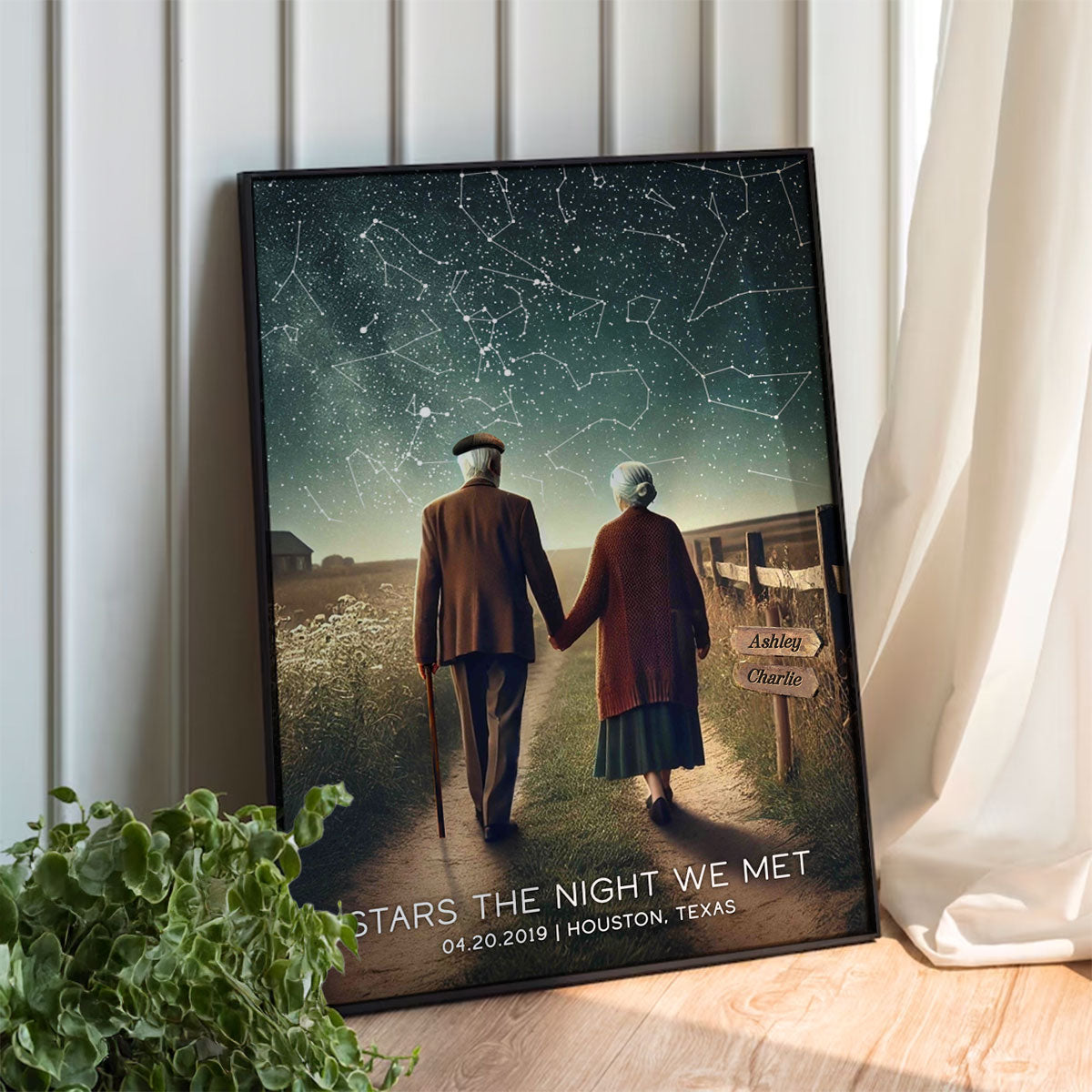 Old Couple Walking Under the Starry Night Poster, Custom Star Map by Date, Personalized Couple Constellation Map, Gift for him and her