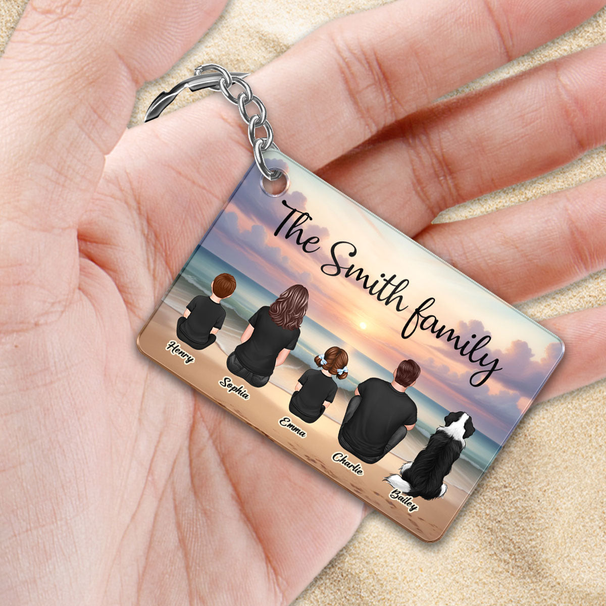 Family Sitting Realistic Beach Landscape Personalized Acrylic Keychain, Gift For Family