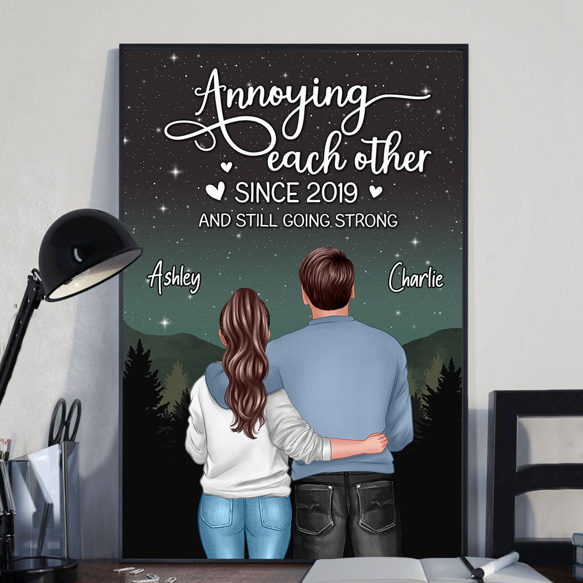Galaxy Night Back View Couple Standing Hugging Personalized Vertical Poster