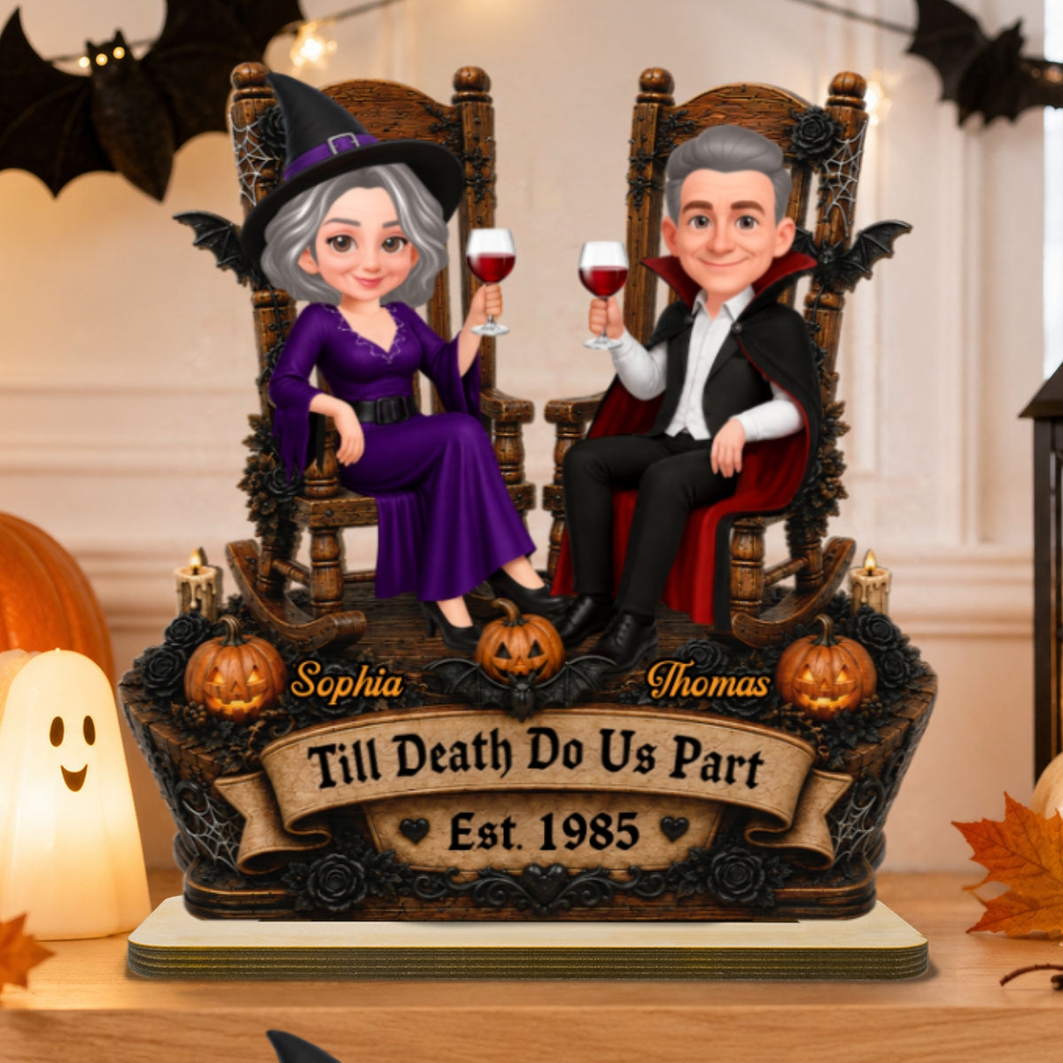 Trending Halloween Couple Sitting - Personalized 2-Layered Wooden Plaque - Halloween Decoration For Couple