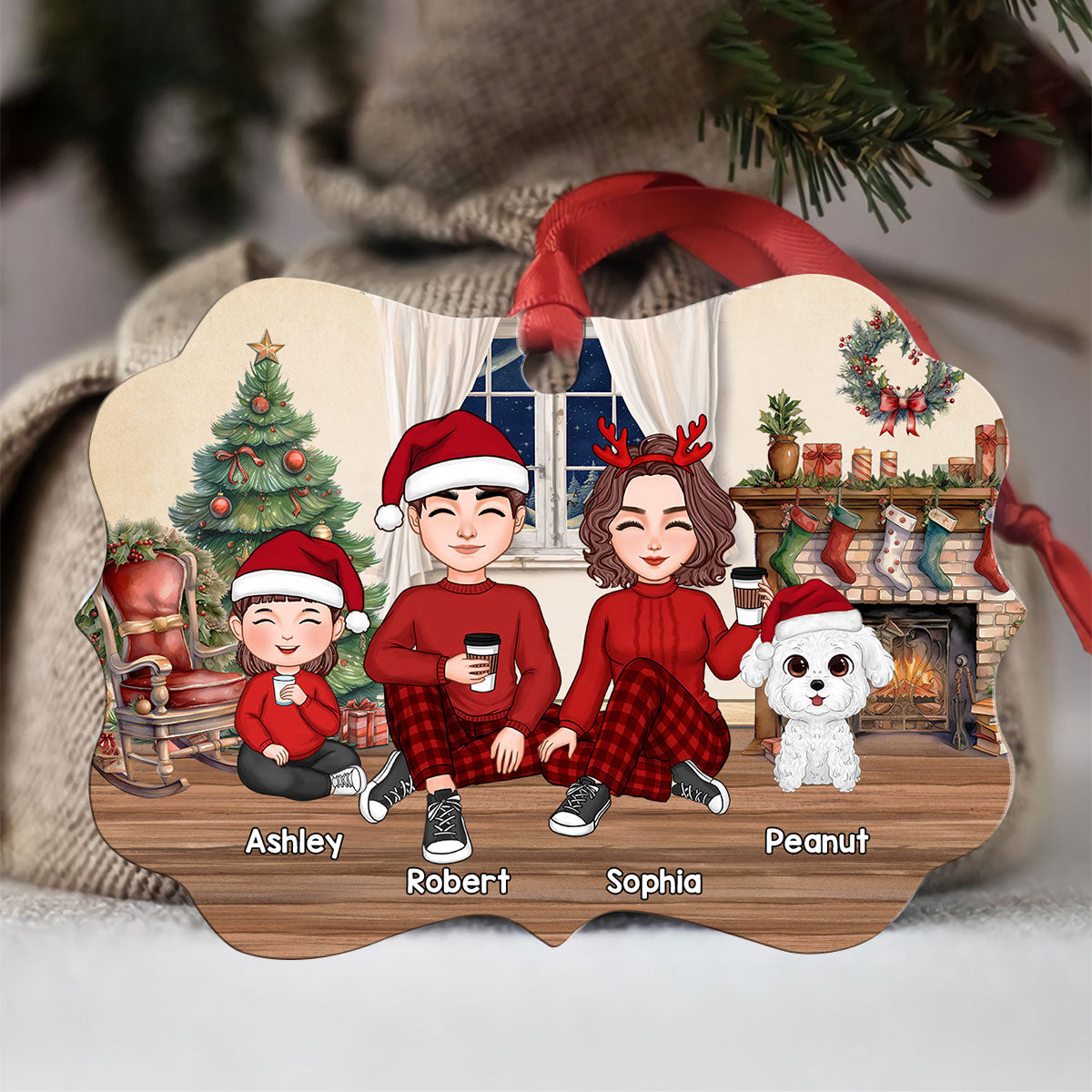 Family Sitting By The Chimney Personalized Aluminum Ornament