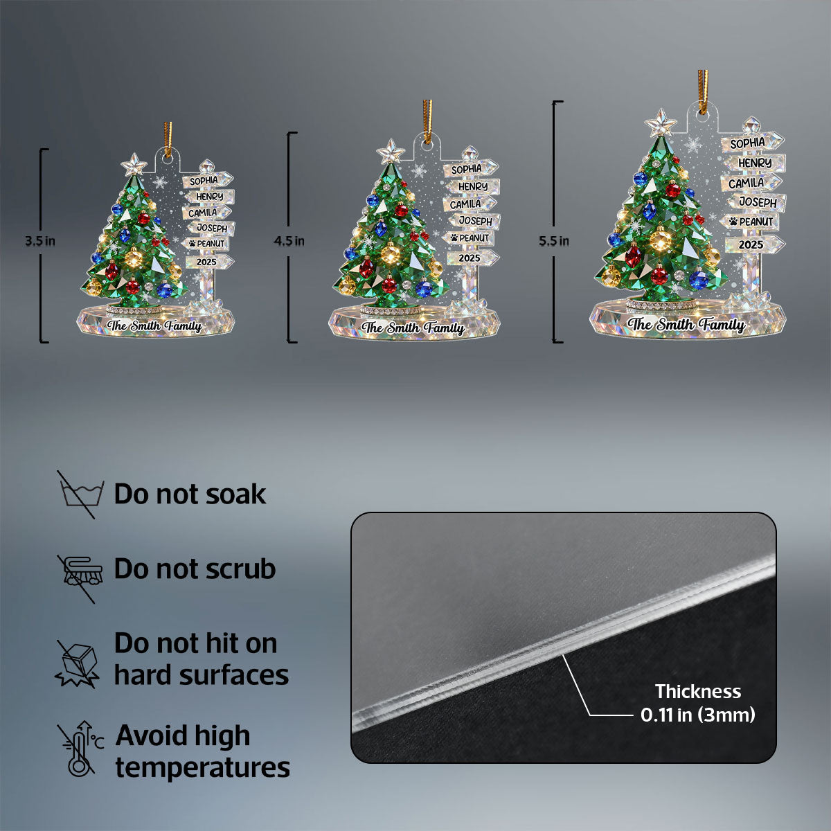 3D Crystal Effect Family Christmas Tree Sign Posts - Personalized Acrylic Ornament - Gift For Family