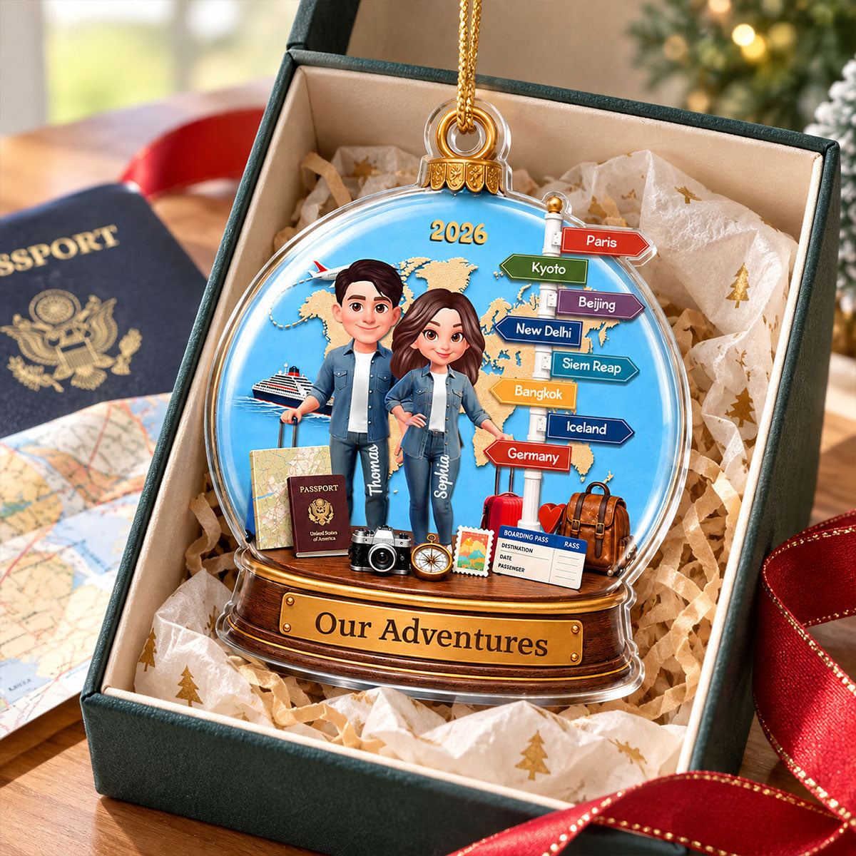 Couple Traveling Destination Travel Adventure 2D Flat - Personalized Acrylic Ornament - Christmas Keepsake, Couple Travelling Gifts