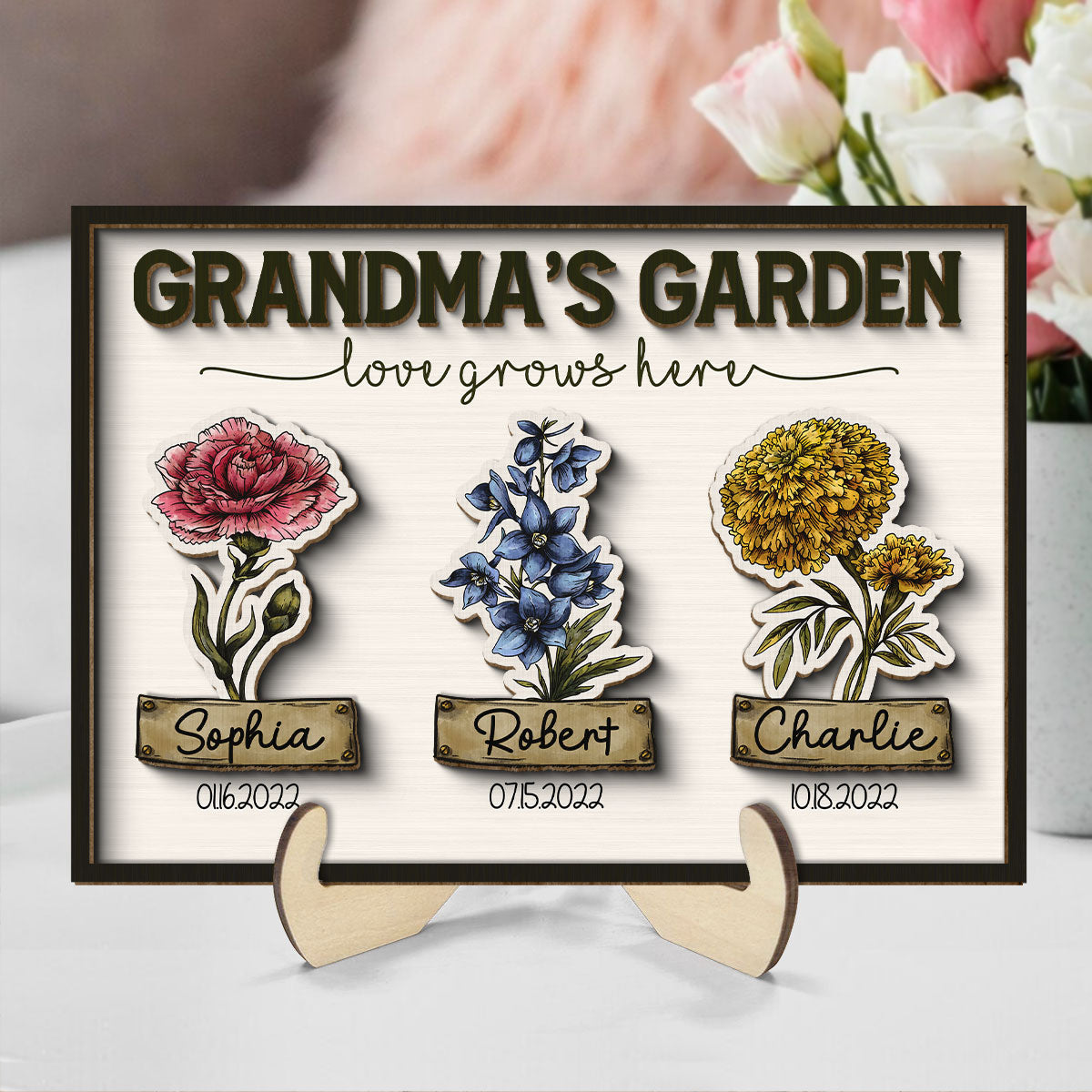 Grandma Garden Love Grows Here Grandkids Birth Flower Name and Birthday Personalized 2-Layer Wooden Plaque