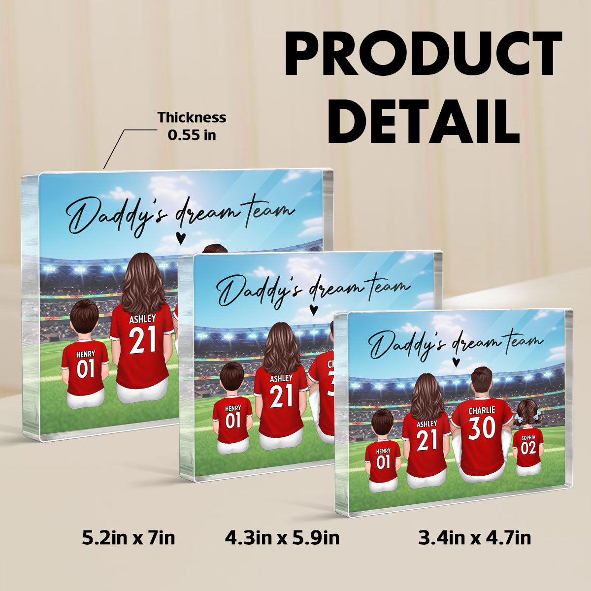 Daddy's Team Soccer Family Sitting Back View Personalized Acrylic Block, Father's Day Gift
