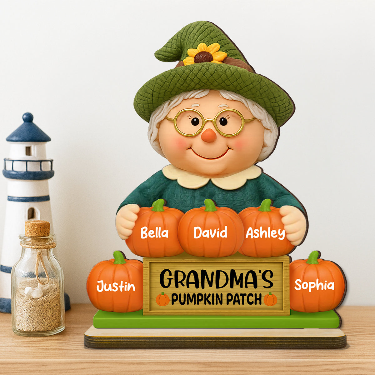Grandma's Pumpkin Patch Scarecrow Personalized Standing Wooden Plaque, Fall Decor for Grandma