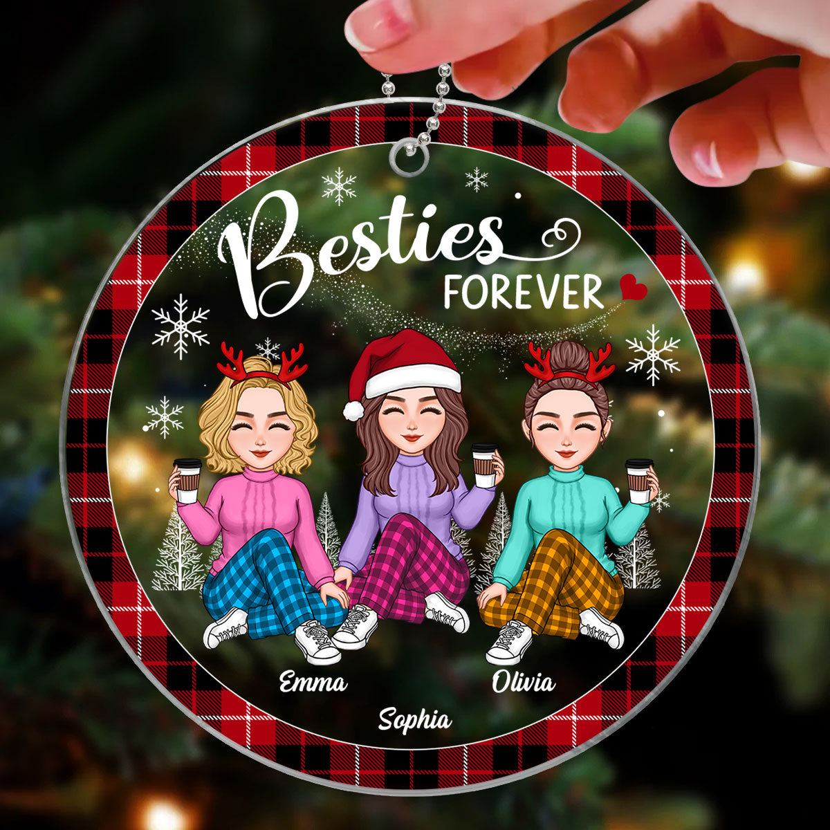 Besties Sister Sitting Checkered Pattern Frame Personalized Acrylic Ornament