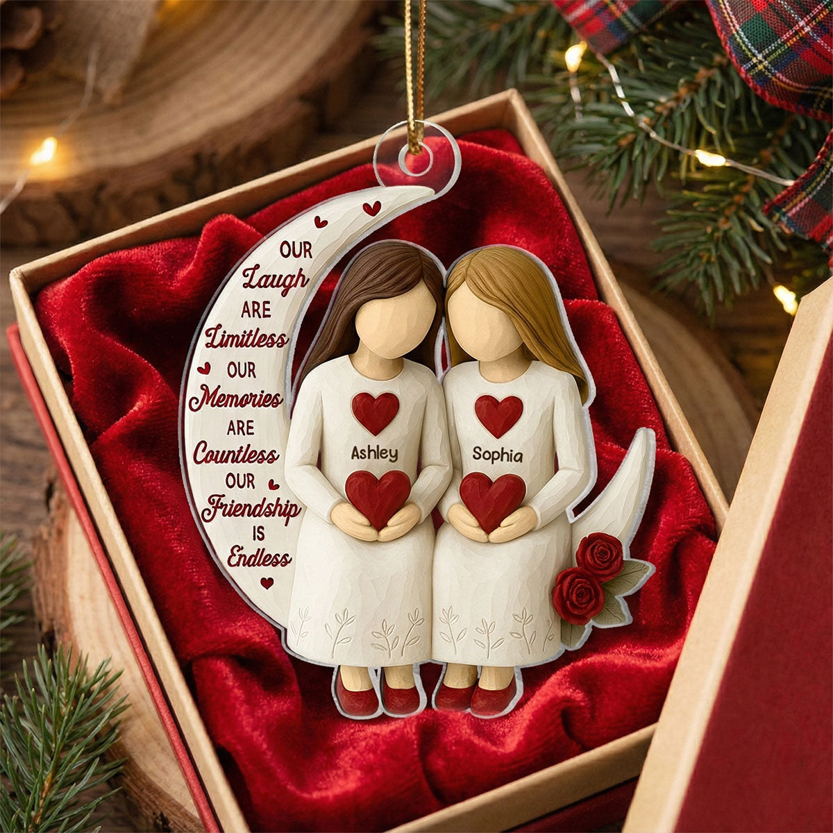 3D Effect Roses Besties On Moon - Personalized Wooden Ornament - Christmas Gift For Best Friends