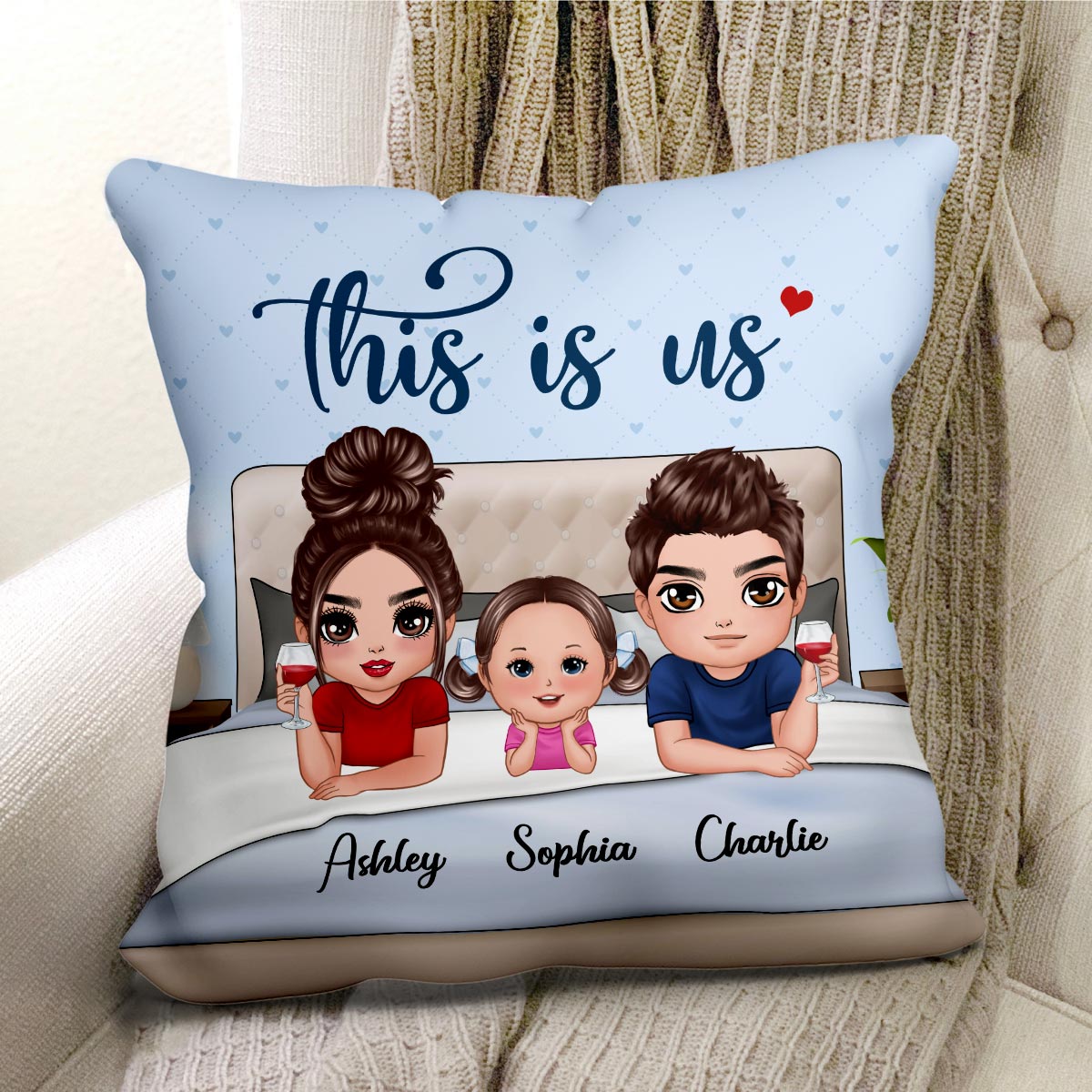Family Couple Kid Chin On Hands On Bed Personalized Pillow