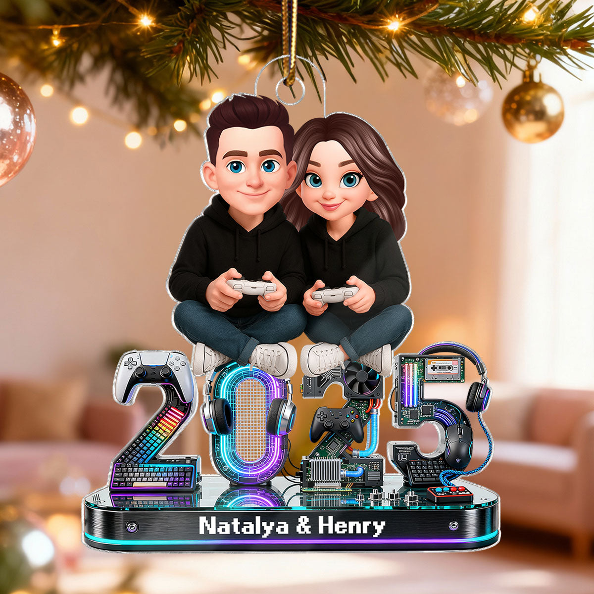 3D Effect Couple Gaming Forever 2 Player Mode Signature Symbols Christmas - Personalized Acrylic Ornament - Gift For Gaming Couple, Gift For Him, For Her