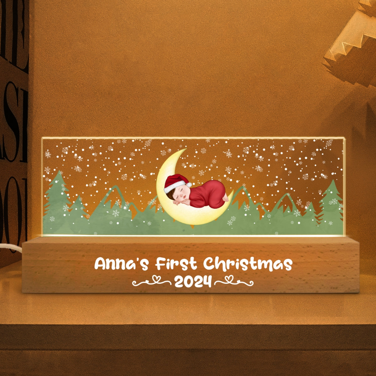 First Christmas Newborn Baby Sleeping On Moon Personalized LED Night Light