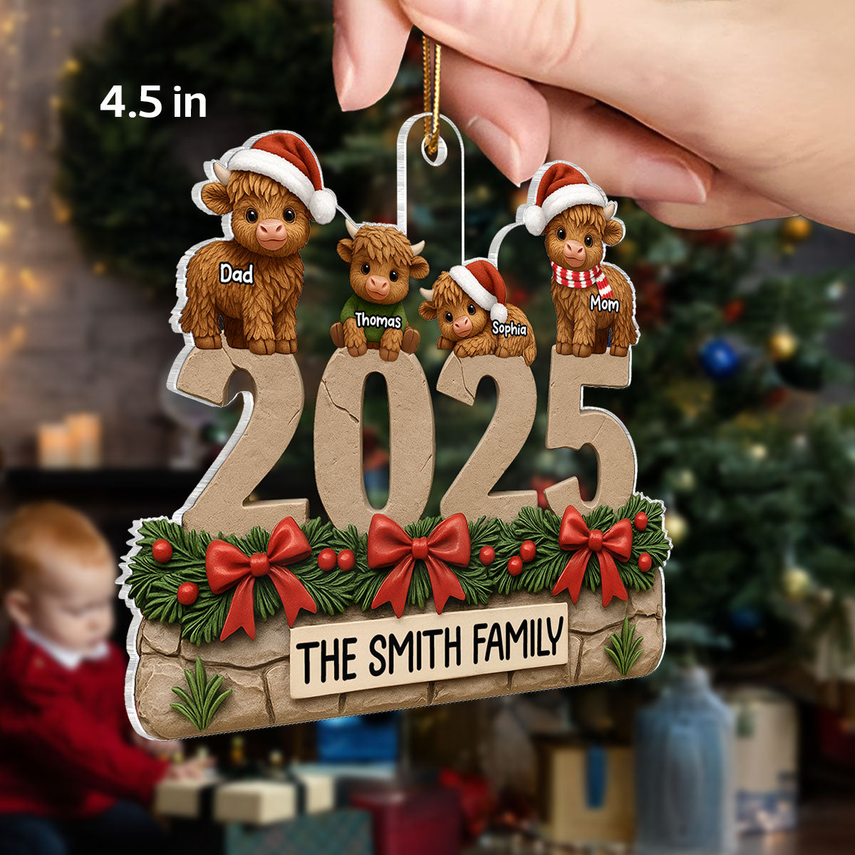 3D Effect Christmas Highland Cows Family Dad Mom Kids - Personalized Acrylic Ornament - Gift For Family