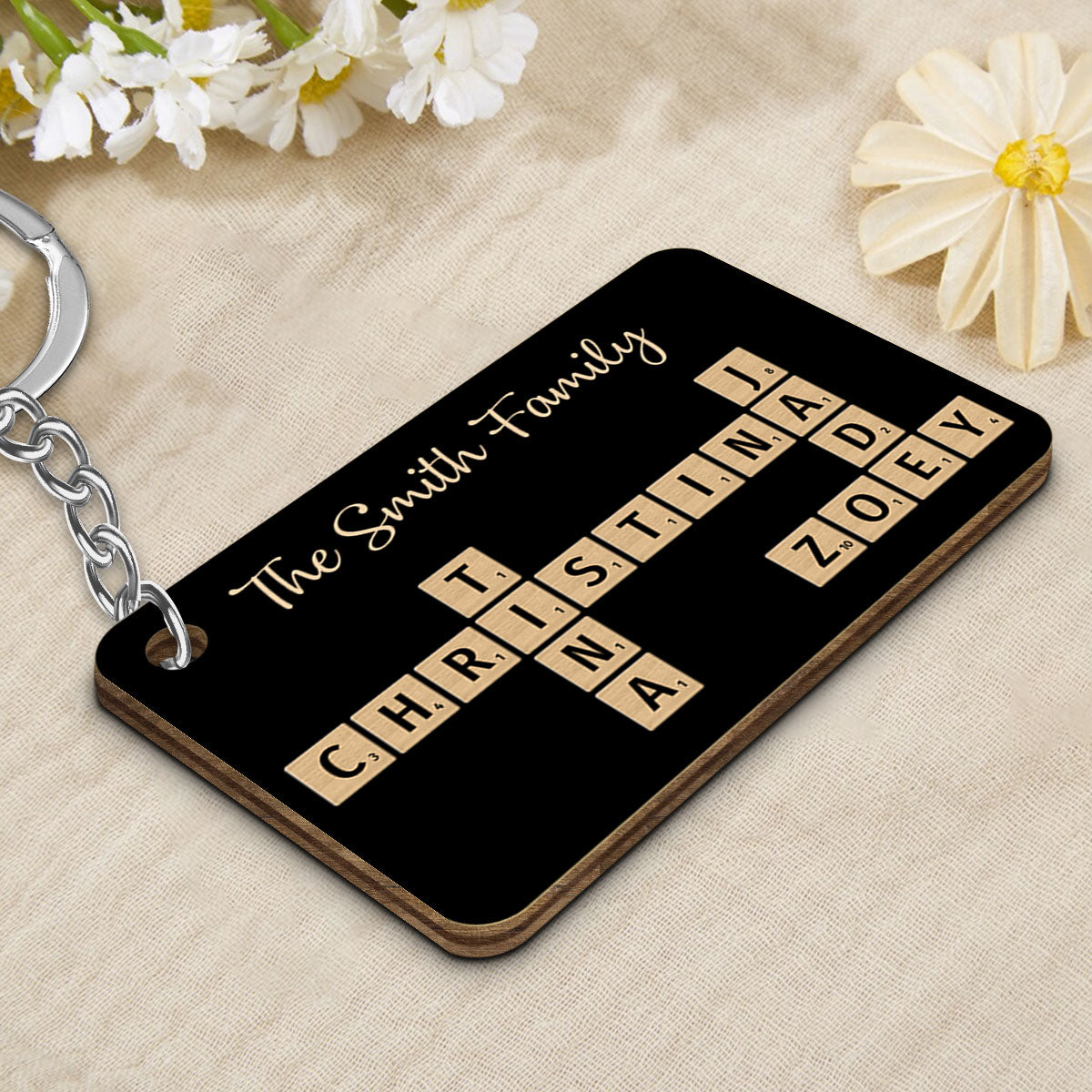 Family Forever Linked Together Crossword Puzzle Art Personalized Wooden Keychain, Christmas Gift For Brothers, Sisters, Siblings, Family