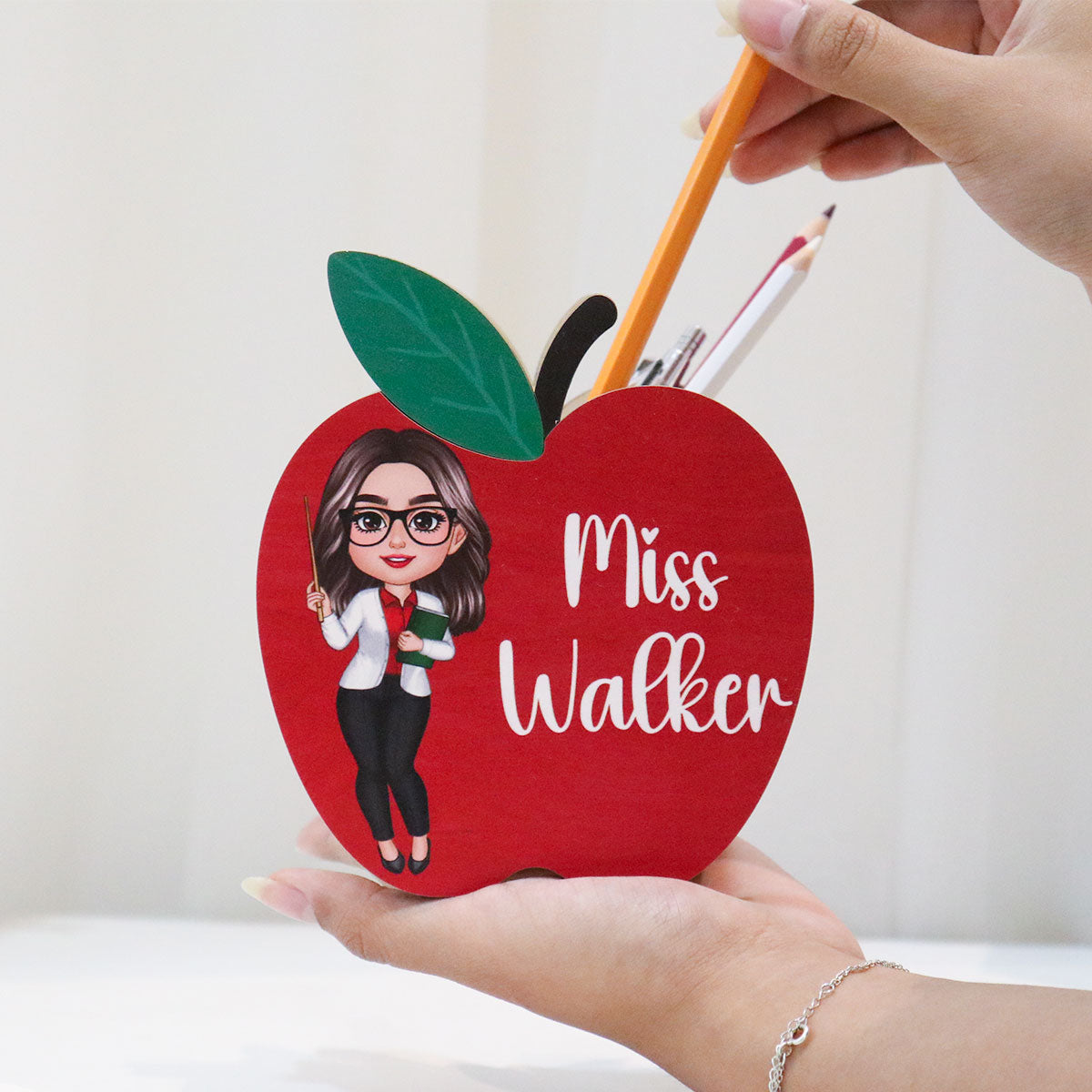 Happy Doll Teacher Personalized Apple Shaped Pen Pencil Holder, Office Decor for Teacher