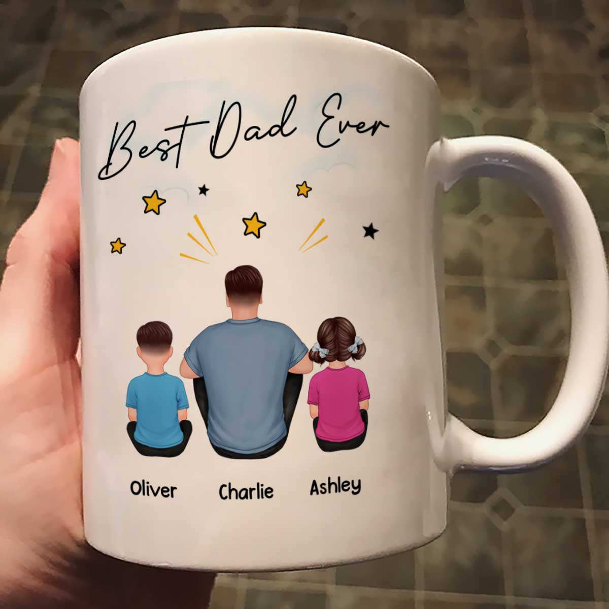 Happy Father‘s Day To Our Hero Back View Sitting Dad Kids Dog Cat Personalized Mug