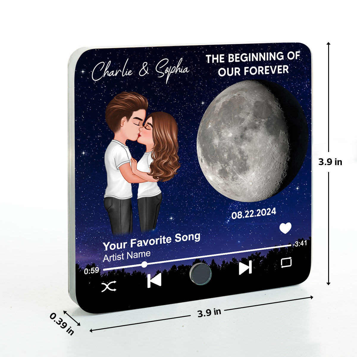 Couple Hugging Kissing Custom Moon Phases The Day We Met Personalized Music Fridge Magnet, Heartfelt Gift For Couple, For Him, For Her, Boyfriend, Girlfriend, Husband, Wife