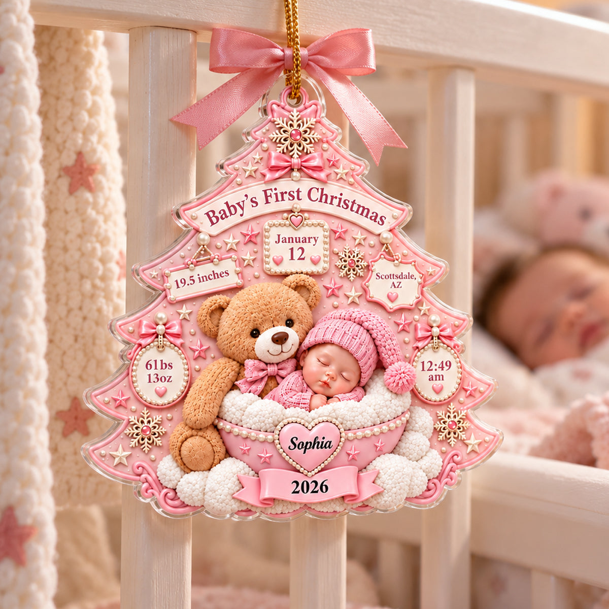 Baby's First Christmas Teddy Bear Tree - Personalized Acrylic Ornament – Custom Newborn Birth Stats Keepsake, First Christmas Gift for Baby Boy & Girl