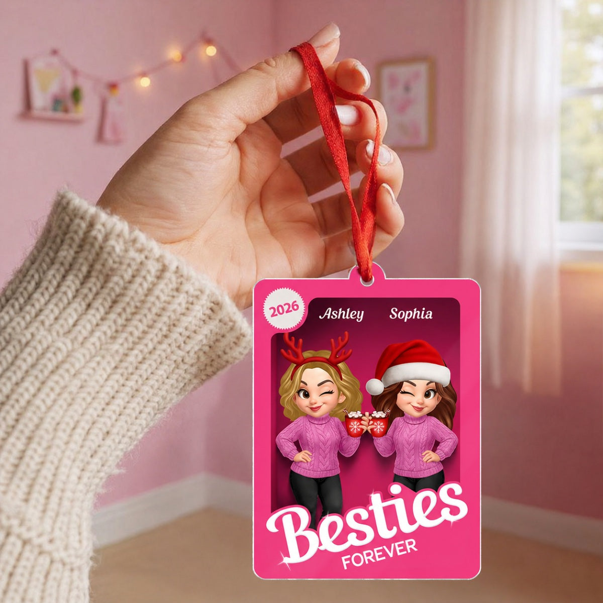 Christmas Besties Forever Pink 3D Effect Action Figure Personalized Acrylic Ornament
