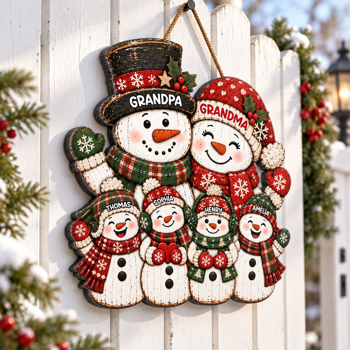 Festive Snowman Grandpa Grandma Grandkids - Personalized Wood Sign - Christmas Decor For Grandparents
