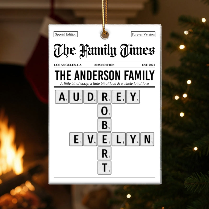 The Family Times Crossword Puzzle Newspaper Style - Personalized Acrylic Ornament - Christmas Keepsake Gift For Family