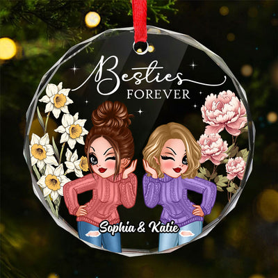 Besties Sisters Birth Month Flowers Personalized Glass Ornament, Christmas Gift For Best Friends