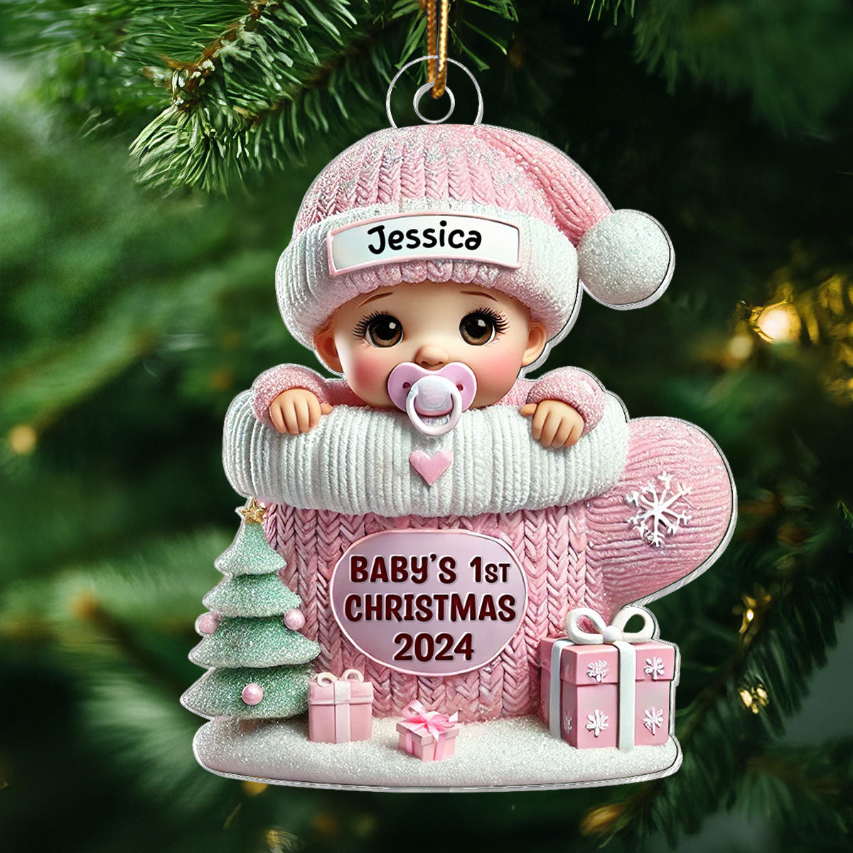 Baby In Mitten 3D Effect Baby's First Christmas - Personalized Acrylic Ornament