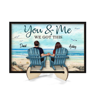 Back View Couple Sitting Beach Landscape Personalized 2-Layer Wooden Plaque