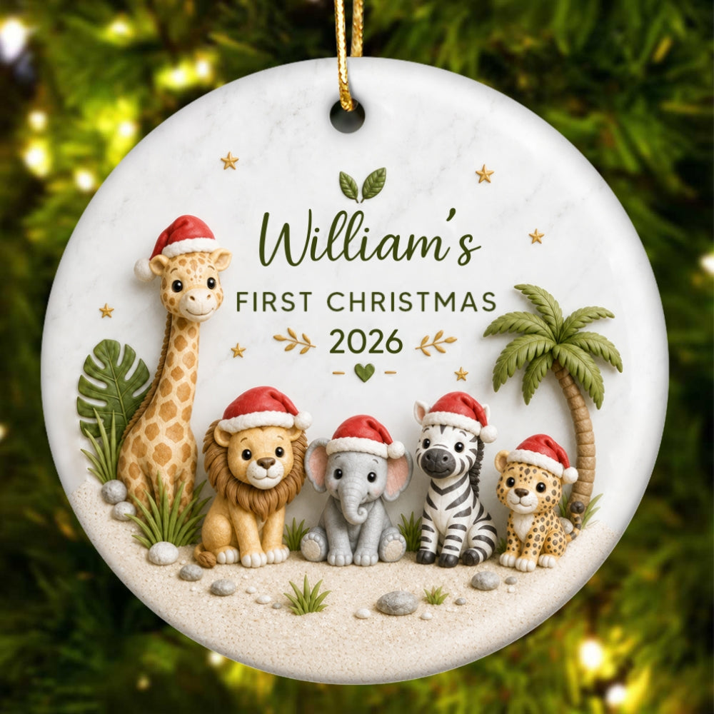 Baby’s First Christmas Safari Animals 2D Flat - Personalized Ceramic Ornament - Christmas Keepsake