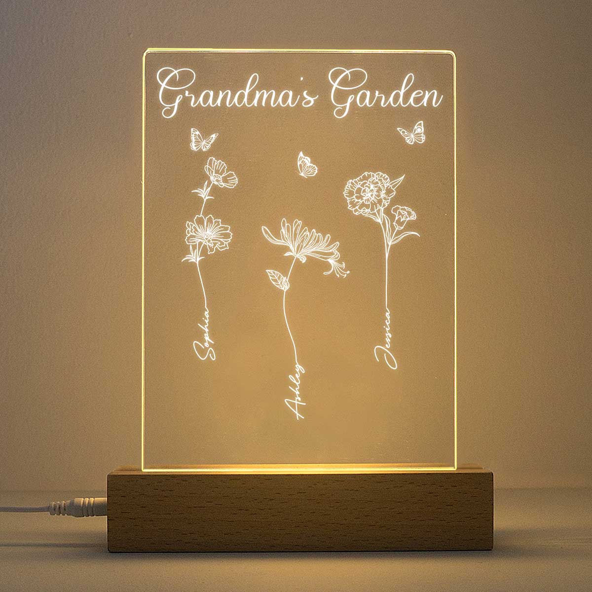 Grandma Mom Garden Birth Month Flowers Personalized Plaque LED Night Light