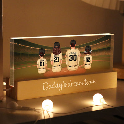 Retro Vintage Baseball Daddy's Dream Team Personalized Acrylic Block LED Night Light, Gift For Dad