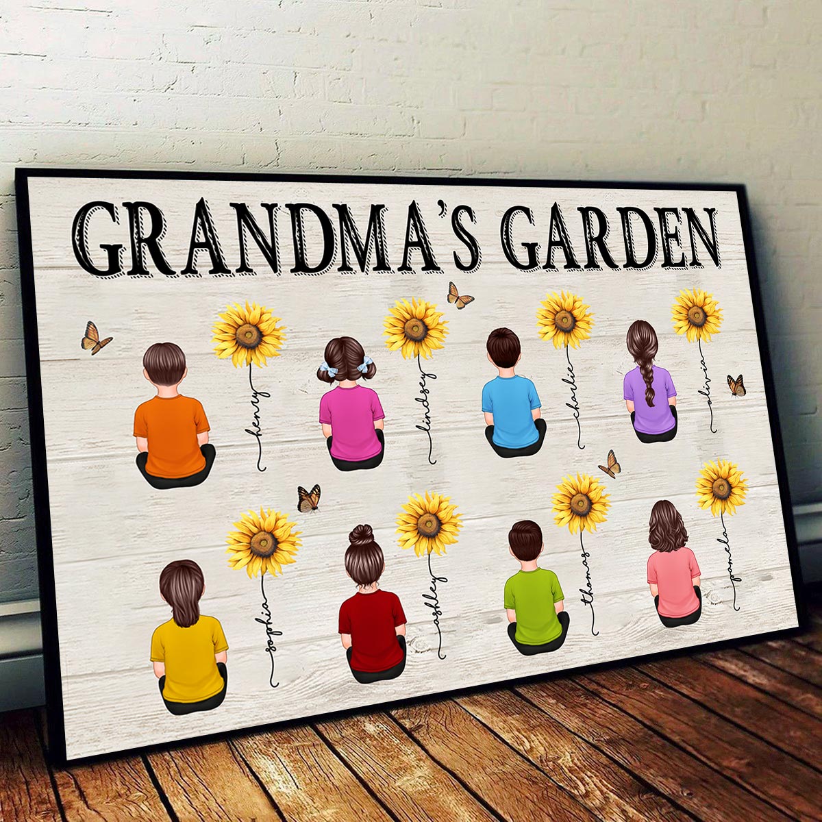 Grandkids Sitting Grandma Garden Sunflower Personalized Horizontal Poster