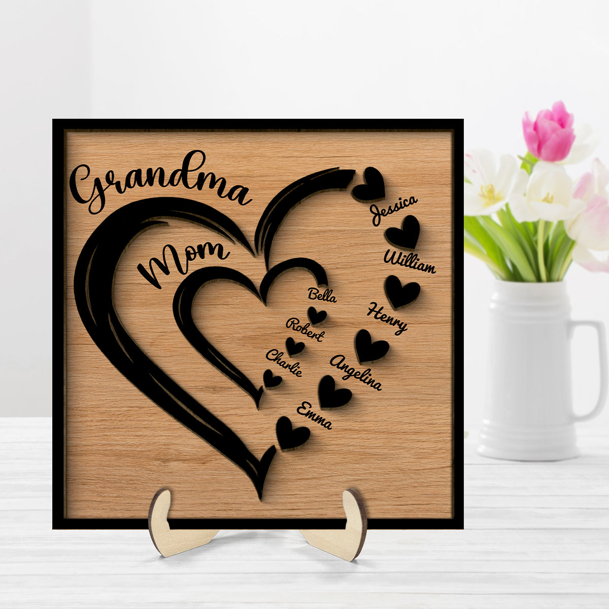 Grandma Mom Heart In Heart Personalized 2-layer Wooden Plaque, Gift For Mom