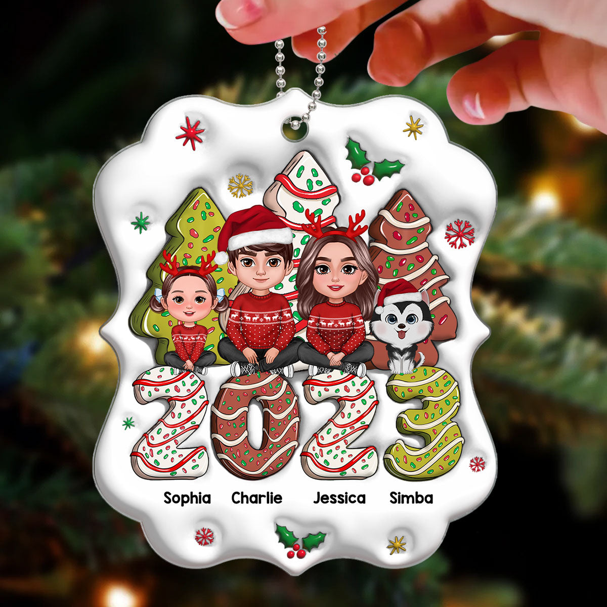 3D Family Crossed Legs Sitting Christmas Tree Cake Patterned Personalized Acrylic Ornament