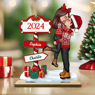 Couple Hugging Kissing North Pole Sign Christmas Decor Personalized 2-Layer Standing Wooden Plaque