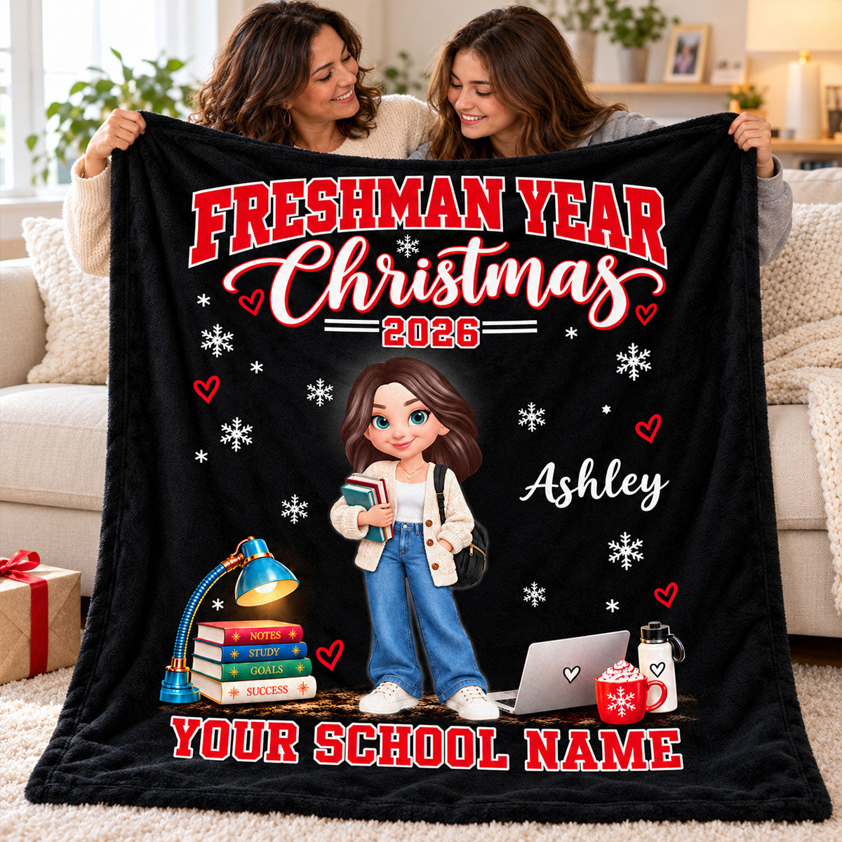 Freshman Year Christmas Custom Name & School Name - Personalized Fleece Blanket - Christmas Gift For College Freshman, Boy, Girl, Grandkids, College Students