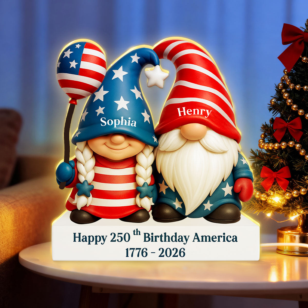 250th Anniversary American Gnome Couple - Personalized Light Box - Perfect Christmas Gift for Couple, for Her, for Him