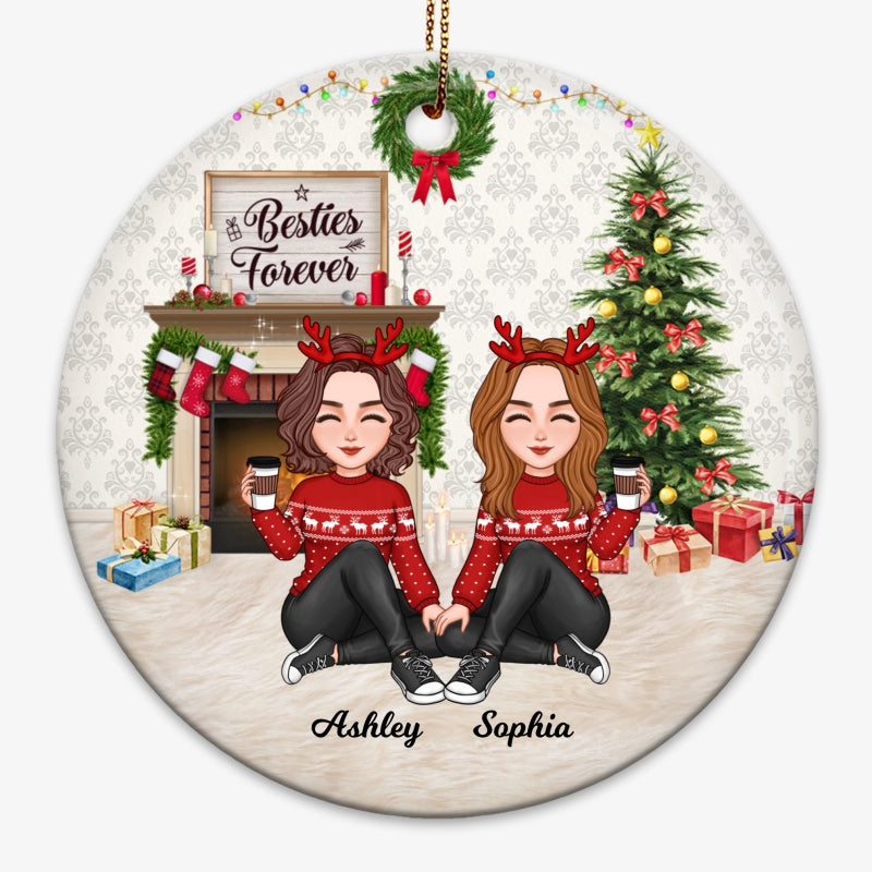 Besties Forever Cute Doll Girls At Fireplace Personalized Circle Ornament