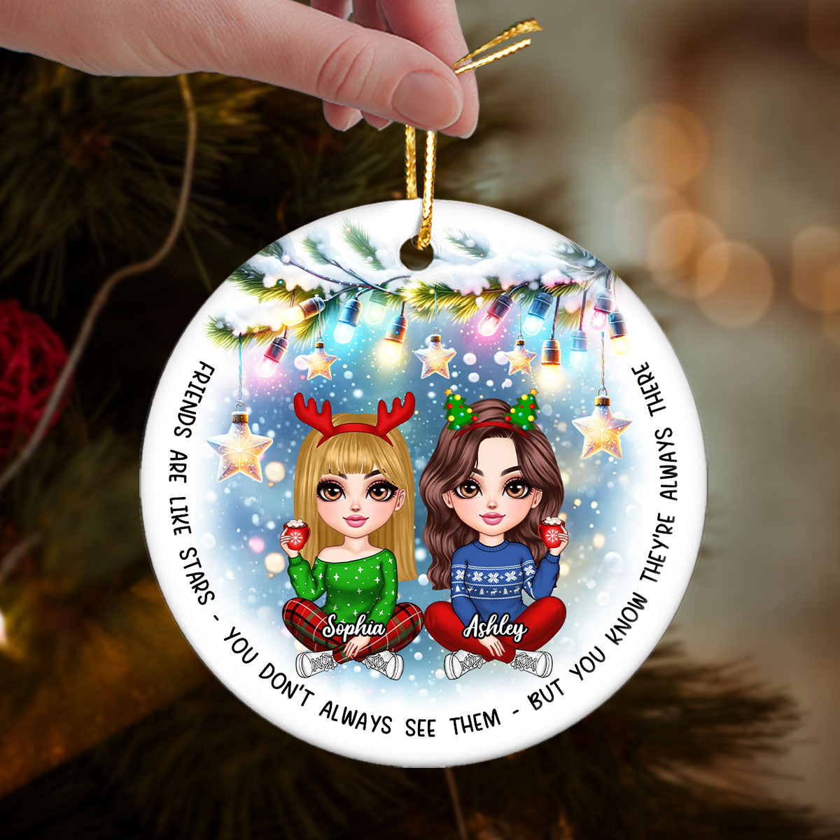 Besties Christmas Tree Light Star Personalized Circle Ceramic Ornament