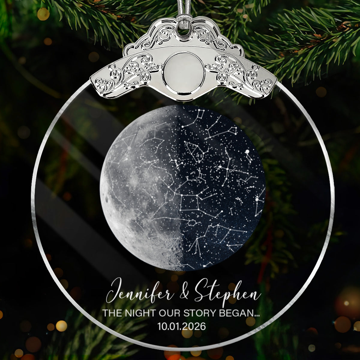 Custom Moon Phase & Star Map by Date - Personalized Glass Ornament With Silver Cap - Heartfelt Christmas Gift, Anniversary Gift, For Couple, For Him, For Her
