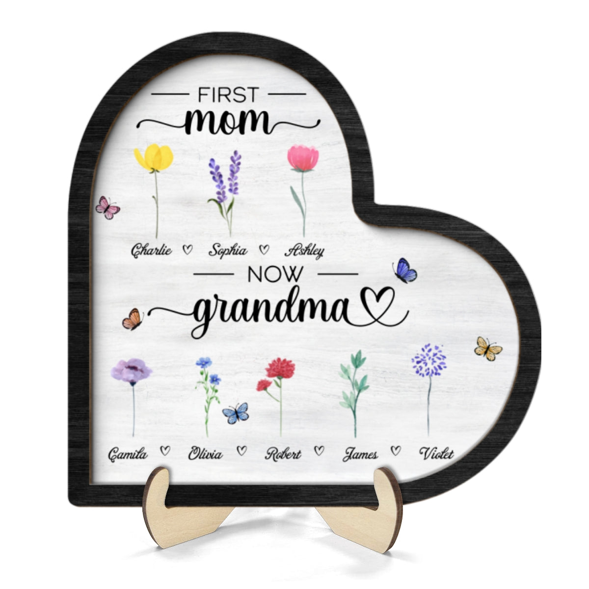 First Mom Now Grandma Birth Month Flowers Heart Shaped Personalized 2-Layer Wooden Plaque