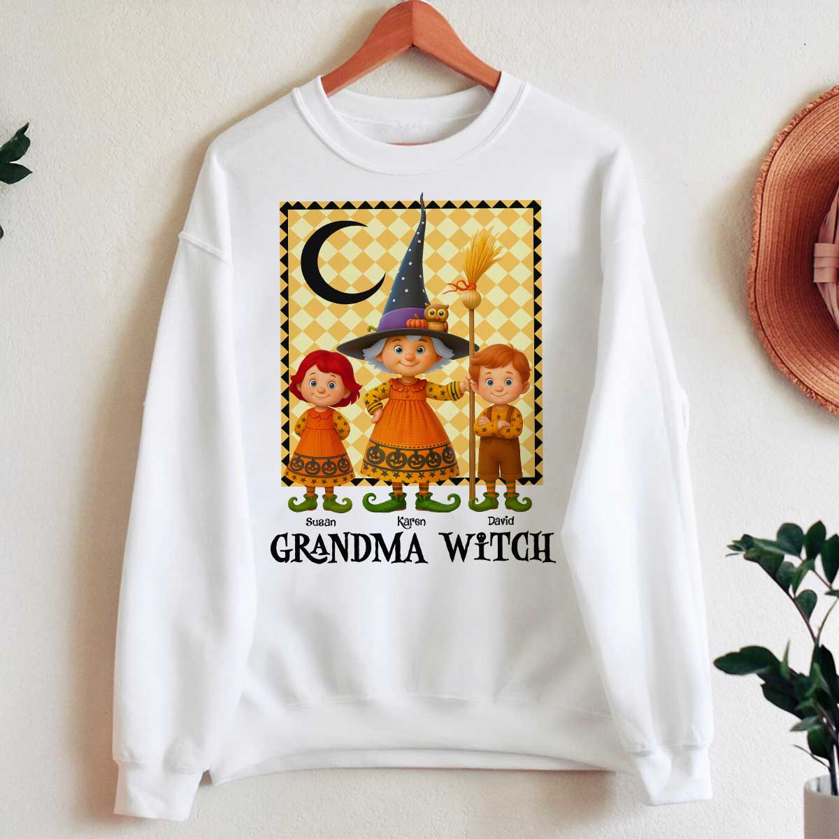 Grandma Witch & Cute Grandkids Personalized Sweatshirt, Halloween Cozy Fall Sweatshirt for Grandma