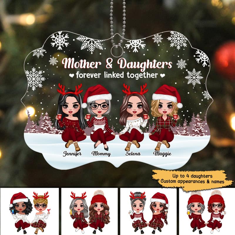Mother & Daughters Forever Linked Together Snow Background Personalized Acrylic Ornament