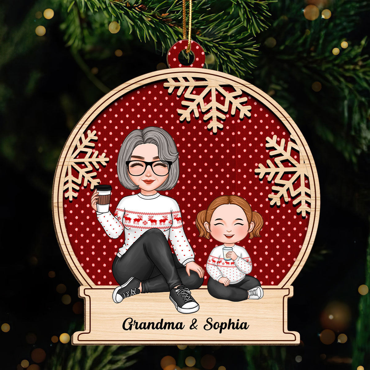 Cute Grandma & Grandkid Christmas Gift For Granddaughter Grandson Beautiful Patterns Personalized Wooden Ornament